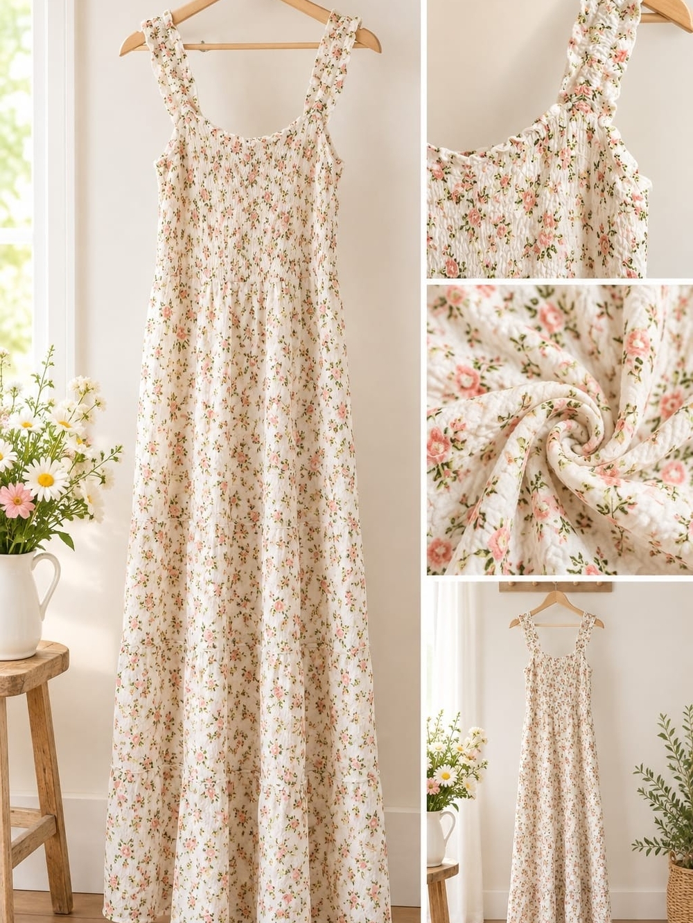Cream Floral Maxi Dress with Peachy Rose Print